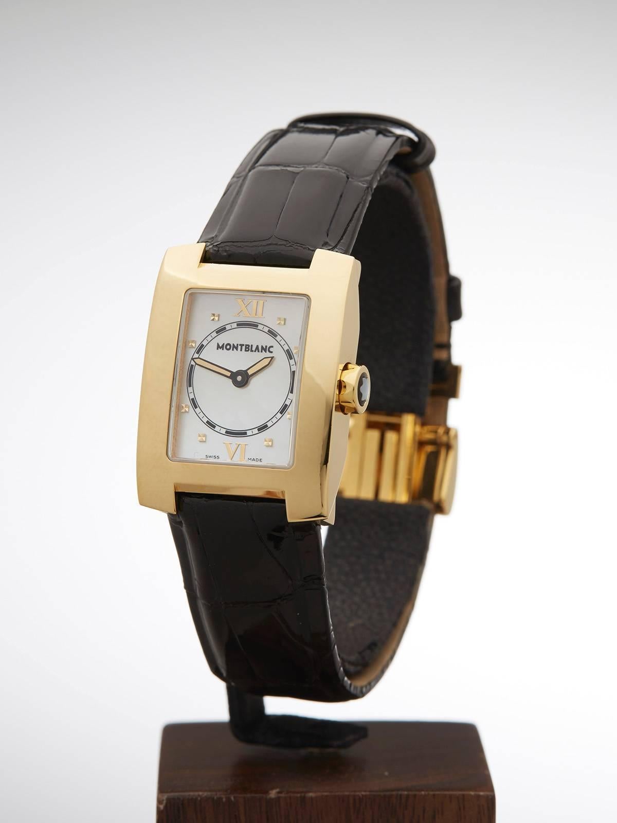 Specifications

Movement: Quartz
Case: 18k Yellow Gold 
Case Diameter: 23mm 
Dial: White Mother Of Pearl 
Bracelet: Black Crocodile Leather 
Strap Length: Adjustable up to 17cm 
Strap Width: At Case - 18mm/At Buckle - 14mm 
Buckle:
