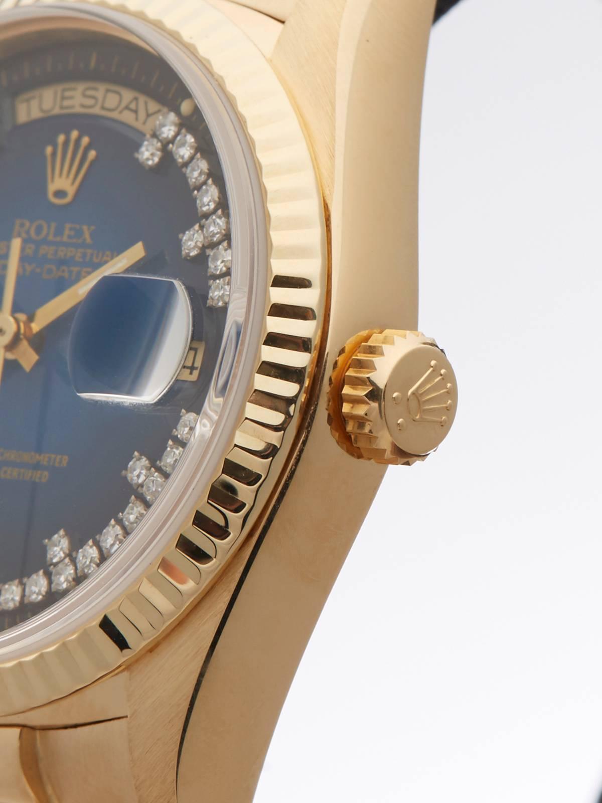 Rolex Day-Date fade blue diamond dial gents 18038 watch In Excellent Condition In Bishop's Stortford, Hertfordshire