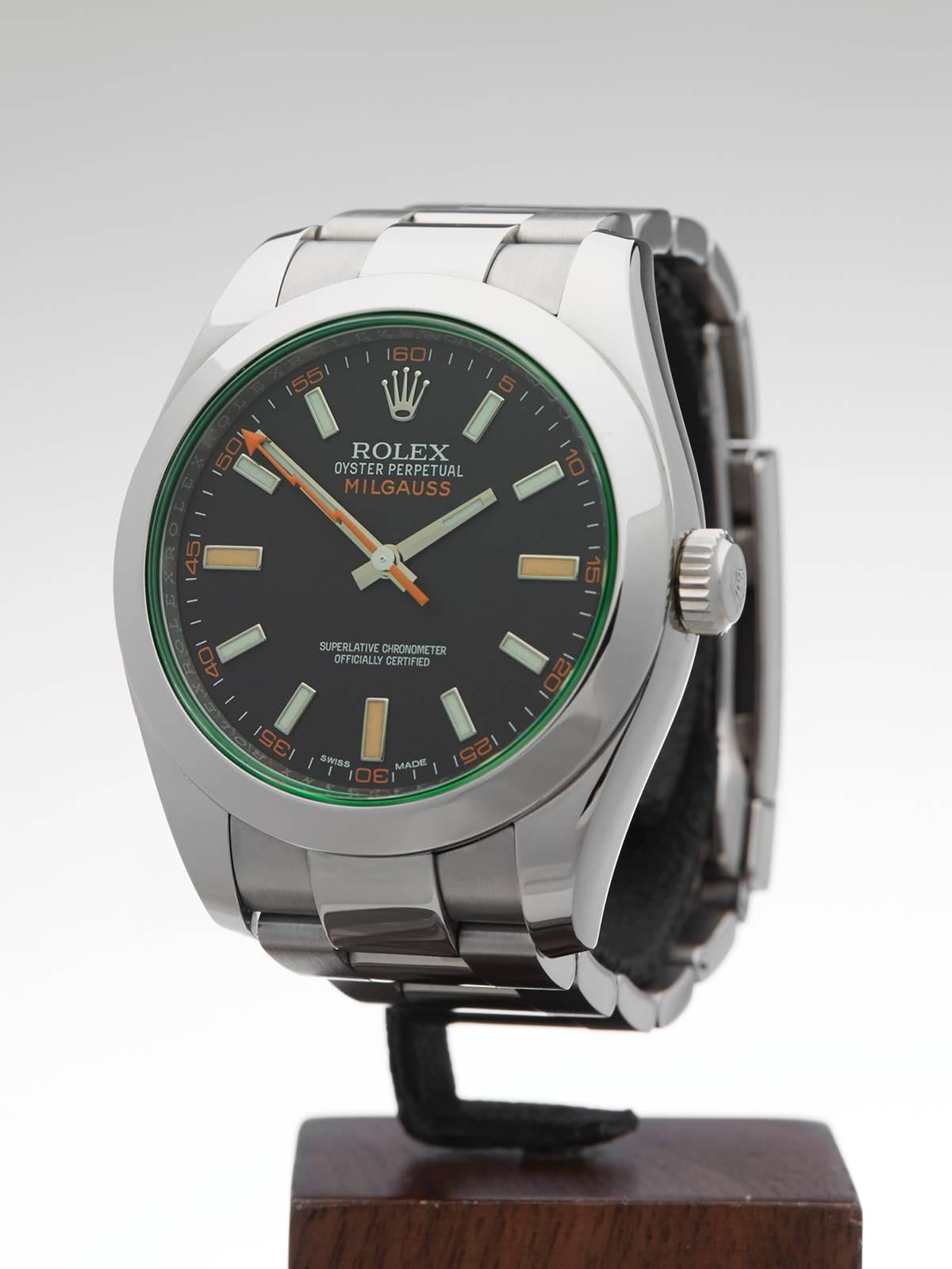 Rolex Milgauss Green Glass Automatic Wristwatch In New Condition In Bishop's Stortford, Hertfordshire