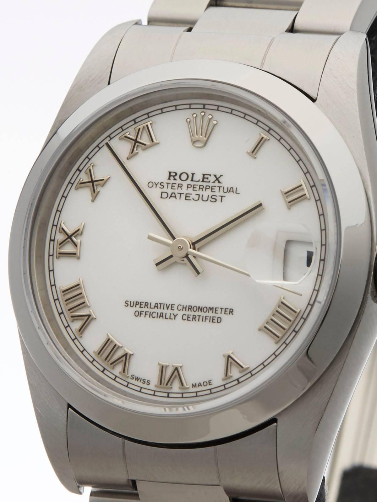 Ref: W3197
Model: 78240
Serial: A39****
Condition: 9 - Excellent condition
Age: 1st December 2000
Case Diameter: 31 mm
Box and Papers: Box, Manuals and Guarantee 
Movement: Automatic
Case:  Stainless Steel	
Dial: White Roman
Bracelet: Stainless