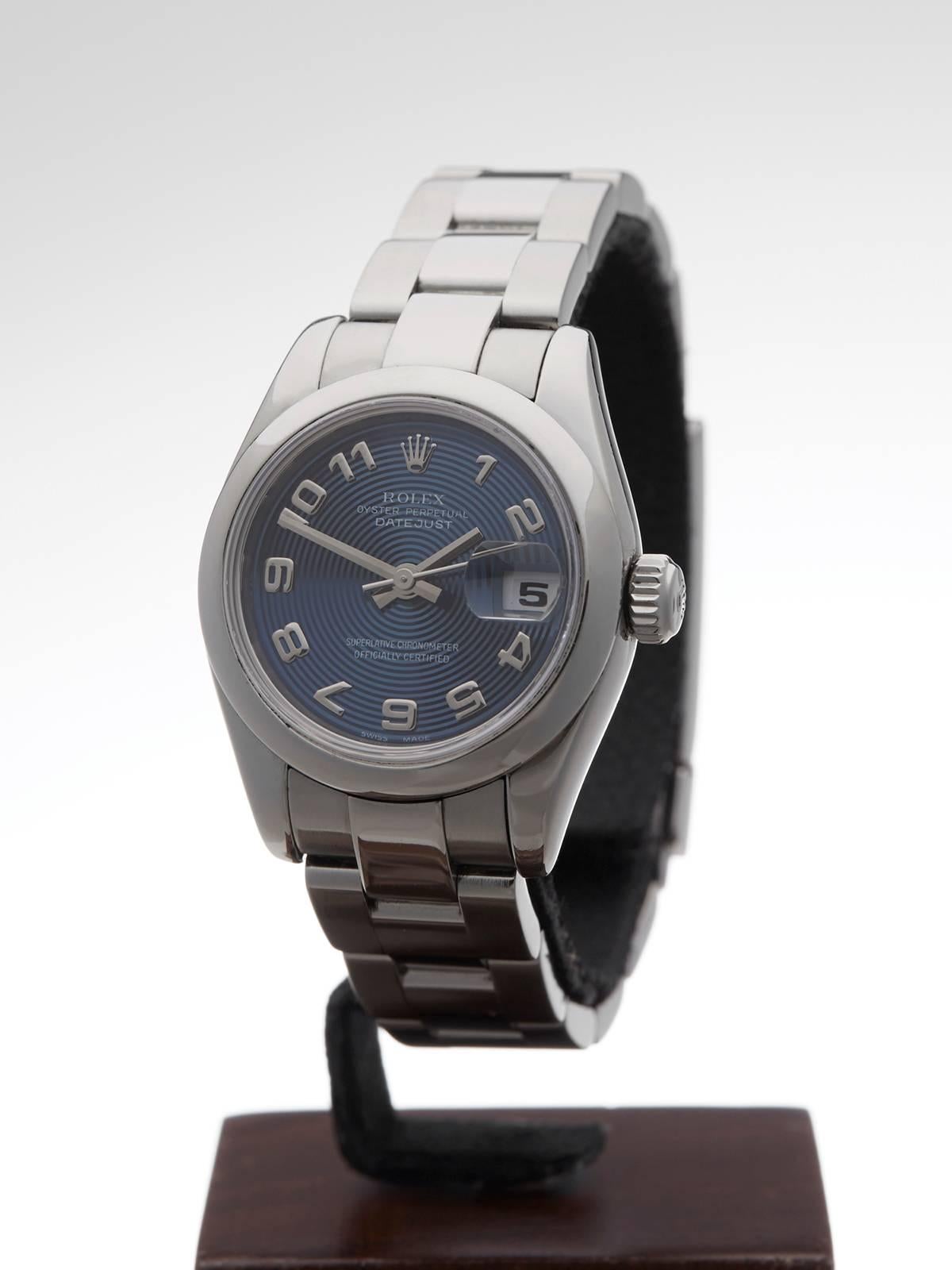 Ref: 	W3210
Model: 179160
Serial: D55****
Condition: 9 - Excellent condition
Age:  2005
Case Diameter:  26 mm
Case Size: 26mm
Box and Papers: Box Only
Movement: Automatic
Case: Stainless Steel
Dial: Blue Arabic
Bracelet: Stainless Steel Oyster
Strap