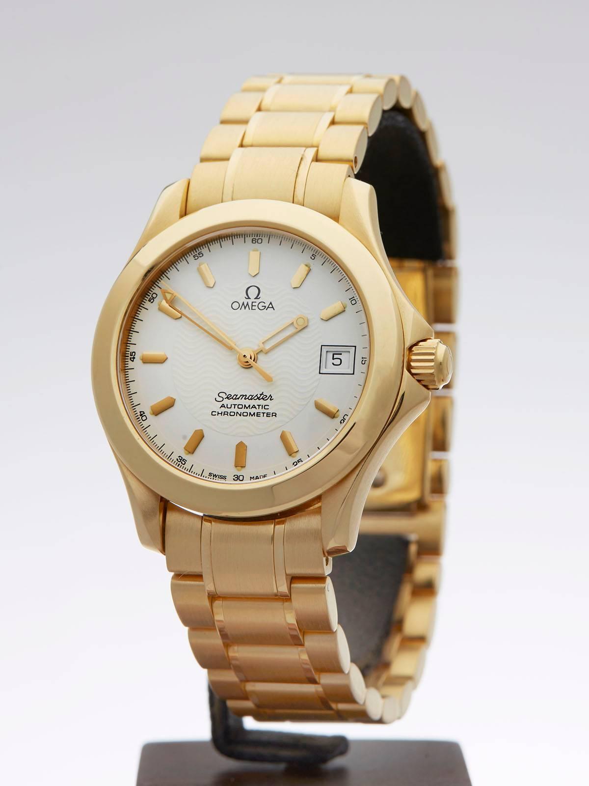 Ref: W3225
Model: 21012100
Serial: 497*****
Condition: 9 - Excellent condition
Age:	2000's
Case Diameter: 36 mm
Case Size: 36mm
Box and Papers: Box Only
Movement: Automatic
Case: 18k Yellow Gold
Dial: White Baton
Bracelet: 18k Yellow Gold
Strap