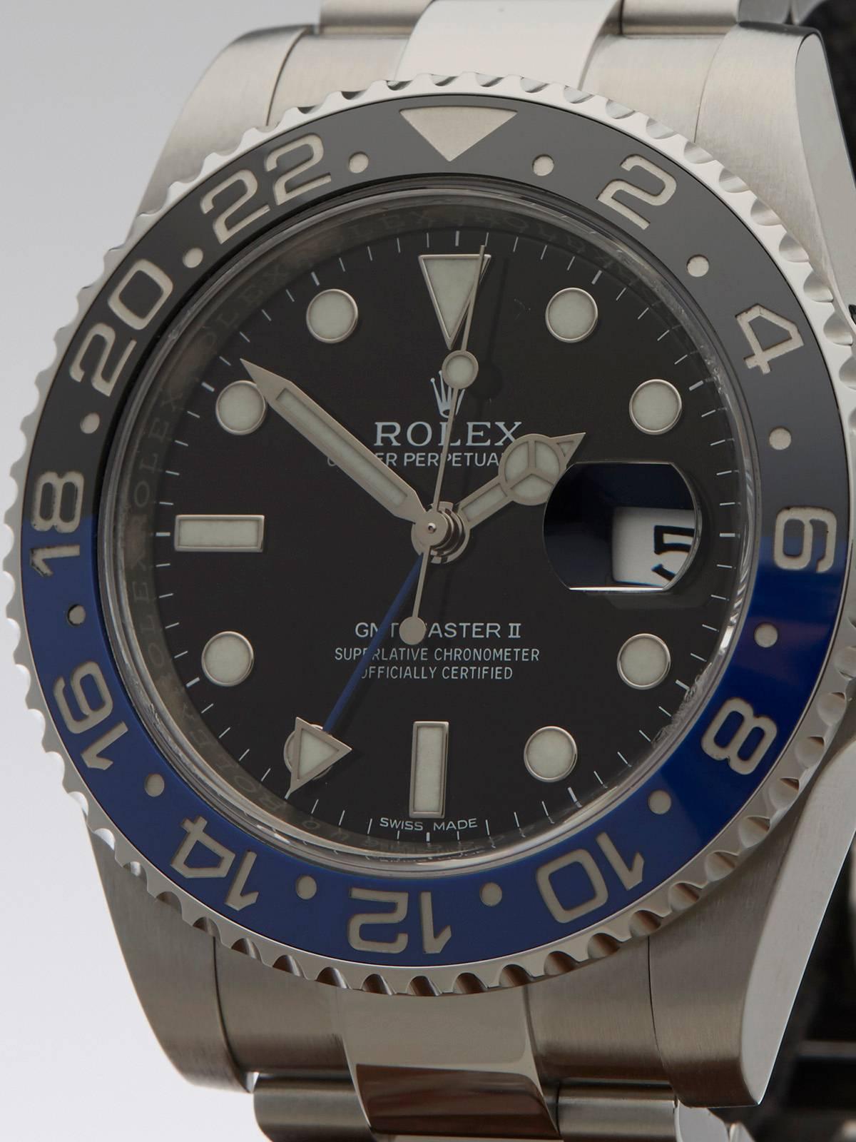 REF	W3297
MODEL NUMBER	116710BLNR
SERIAL NUMBER	908*****
CONDITION	9 - Excellent condition
CONDITION NOTES	Has some slight chips on glass.
GENDER	Gents
AGE	24th October 2015
CASE DIAMETER	40 mm
CASE SIZE	40mm
BOX & PAPERS	Box, manuals &