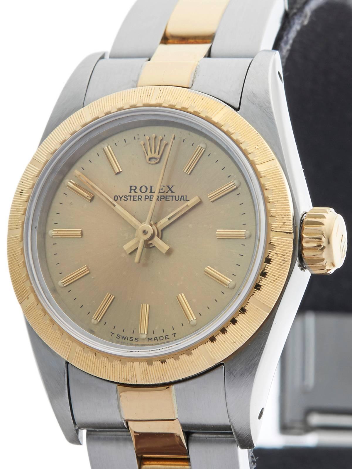Rolex Ladies Yellow Gold Stainless Steel Oyster Perpetual Automatic Wristwatch In Excellent Condition In Bishop's Stortford, Hertfordshire