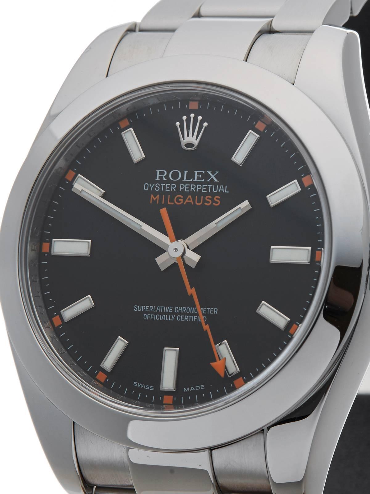  Rolex Stainless Steel Milgauss Automatic Wristwatch In Excellent Condition In Bishop's Stortford, Hertfordshire
