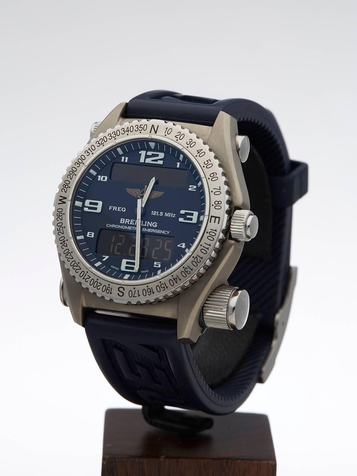 Ref: W3459
Model: E76321
Serial: 943***
Condition: 9 - Excellent condition
Age: 10th February 2007
Case Diameter: 43 mm
Case Size: 43mm by 50mm
Box and Papers: Box, Manuals and Guarantee
Movement: Quartz
Case: Titanium
Dial: Navy
Bracelet: Blue