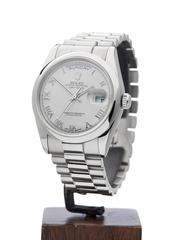 Rolex White Gold Day-Date Silver Baton Dial President Automatic Wristwatch