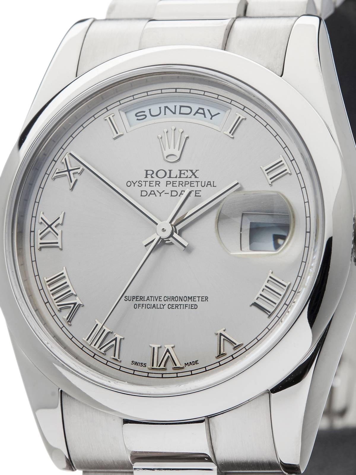  Rolex White Gold Day-Date Silver Baton Dial President Automatic Wristwatch  In Excellent Condition In Bishop's Stortford, Hertfordshire