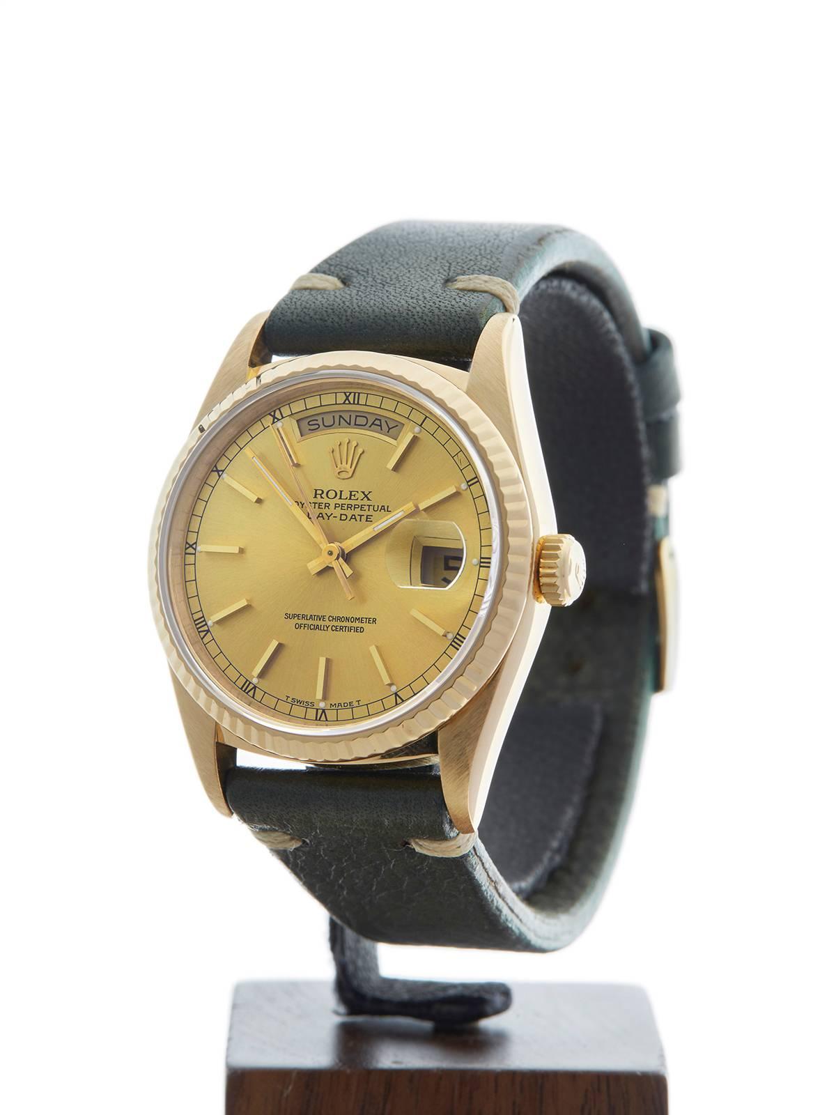 Ref: W3552
Model: 18238
Serial: L24****
Condition: 9 - Excellent condition
Age: 1989
Case Diameter: 36 mm
Case Size: 36mm
Box and Papers: Box Only
Movement: Automatic
Case: 18k Yellow Gold
Dial: Champagne Baton
Bracelet: Green Calf Leather
Strap