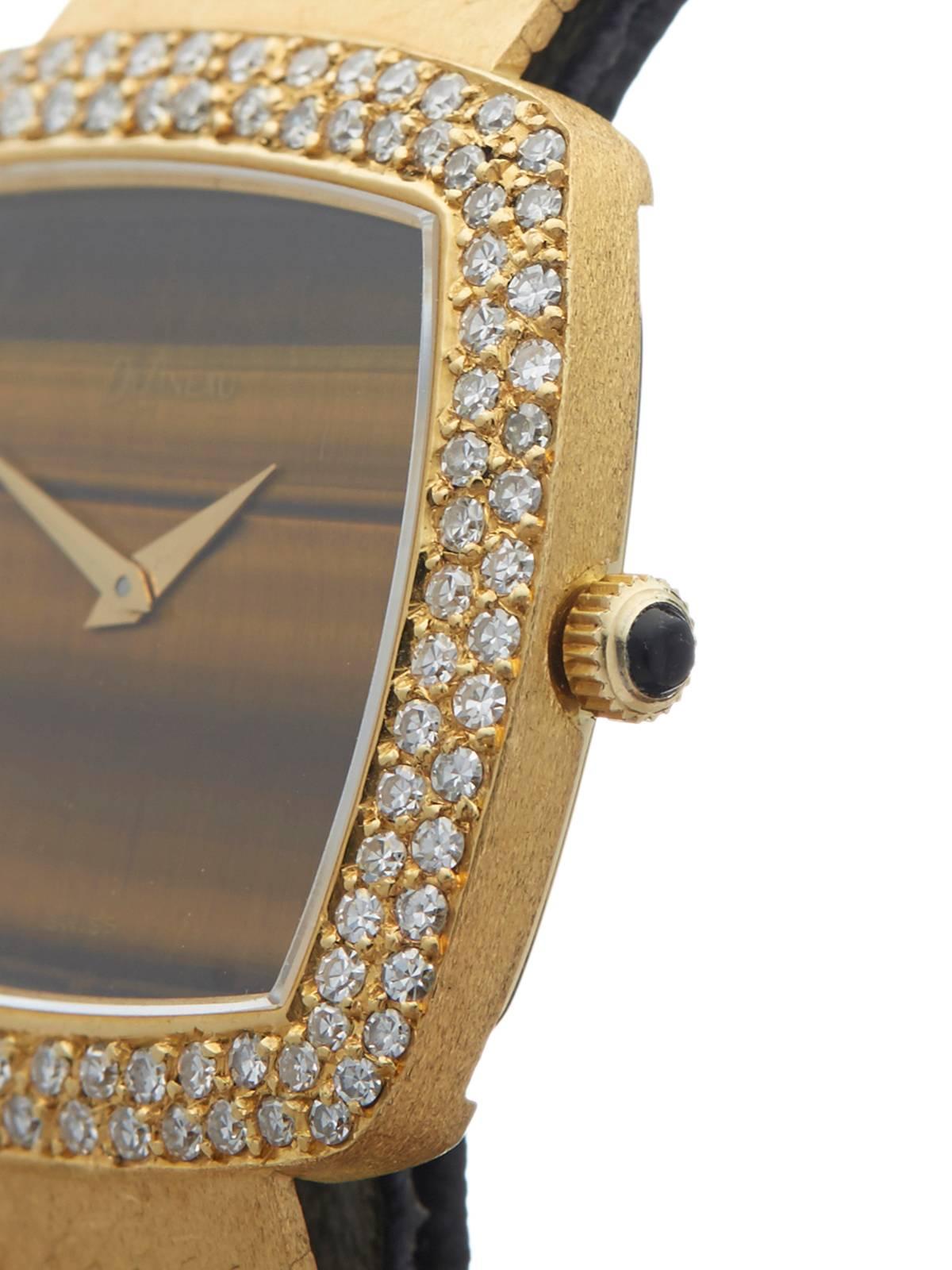 Women's or Men's  Delaneau Yellow Gold Diamond Bezel Tiger-Eye Dial Mechanical Wind Wristwatch
