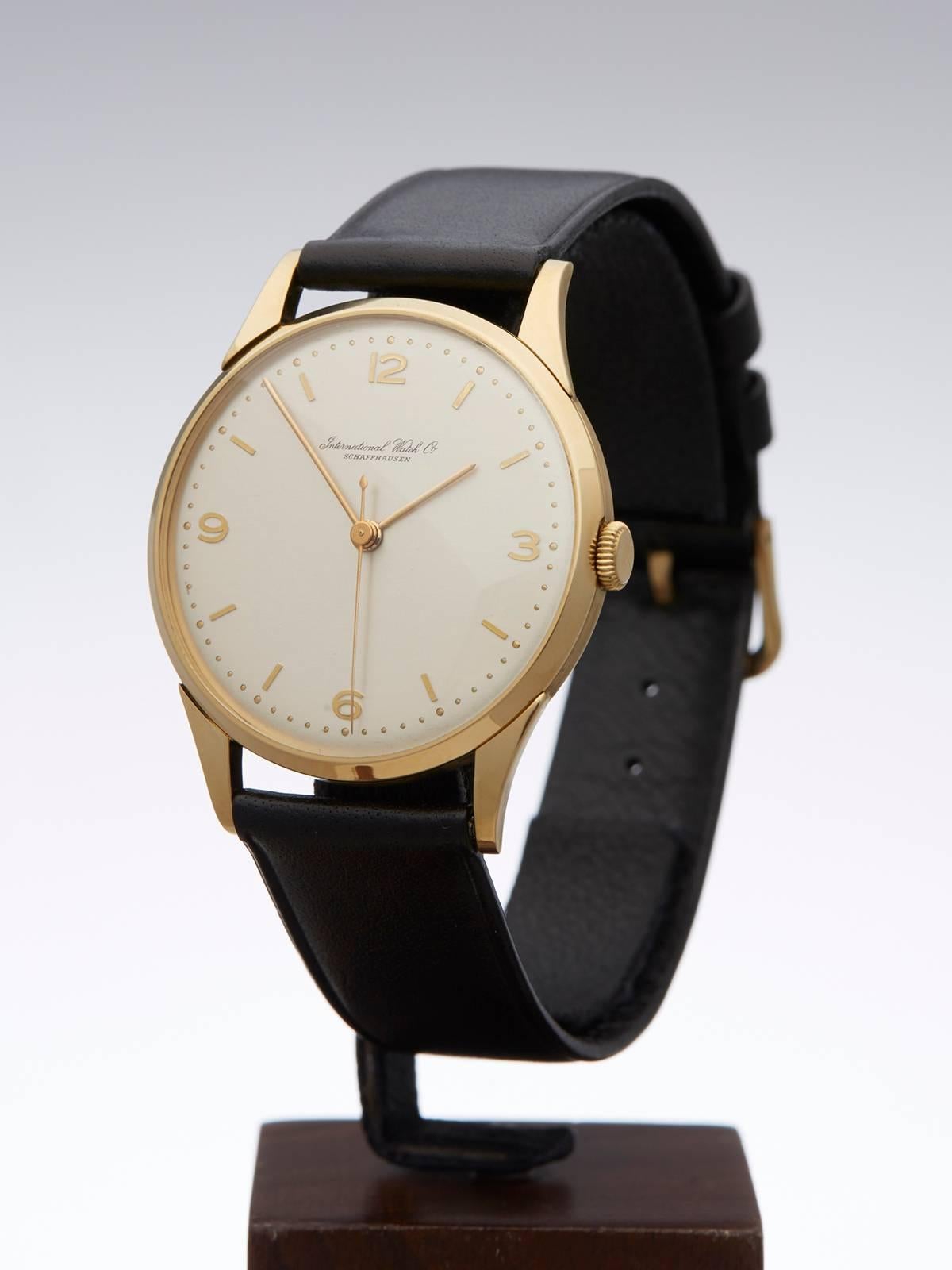 Ref: COM785
Condition: 9 - Excellent condition
Age: 1949
Case Diameter: 35 mm
Case Size: 35mm
Box and Papers: Box Only
Movement: Mechanical Wind
Case: 18k Yellow Gold
Dial: Silver
Bracelet: Black Leather
Strap Length: Adjustable up to 18cm
Strap
