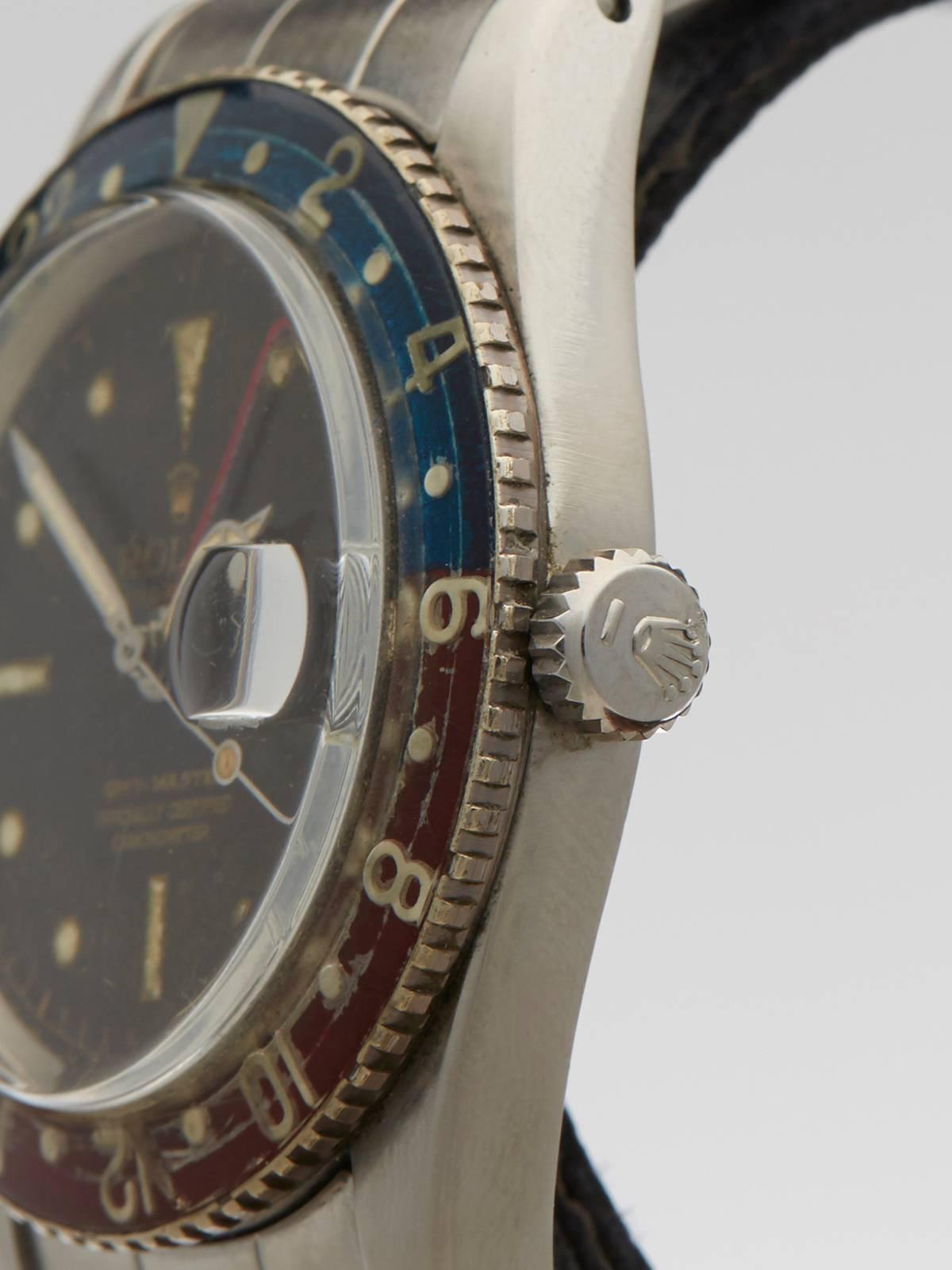 Rolex Stainless Steel GMT-Master Bakelite Pepsi Tropical Dial Wristwatch In Excellent Condition In Bishop's Stortford, Hertfordshire