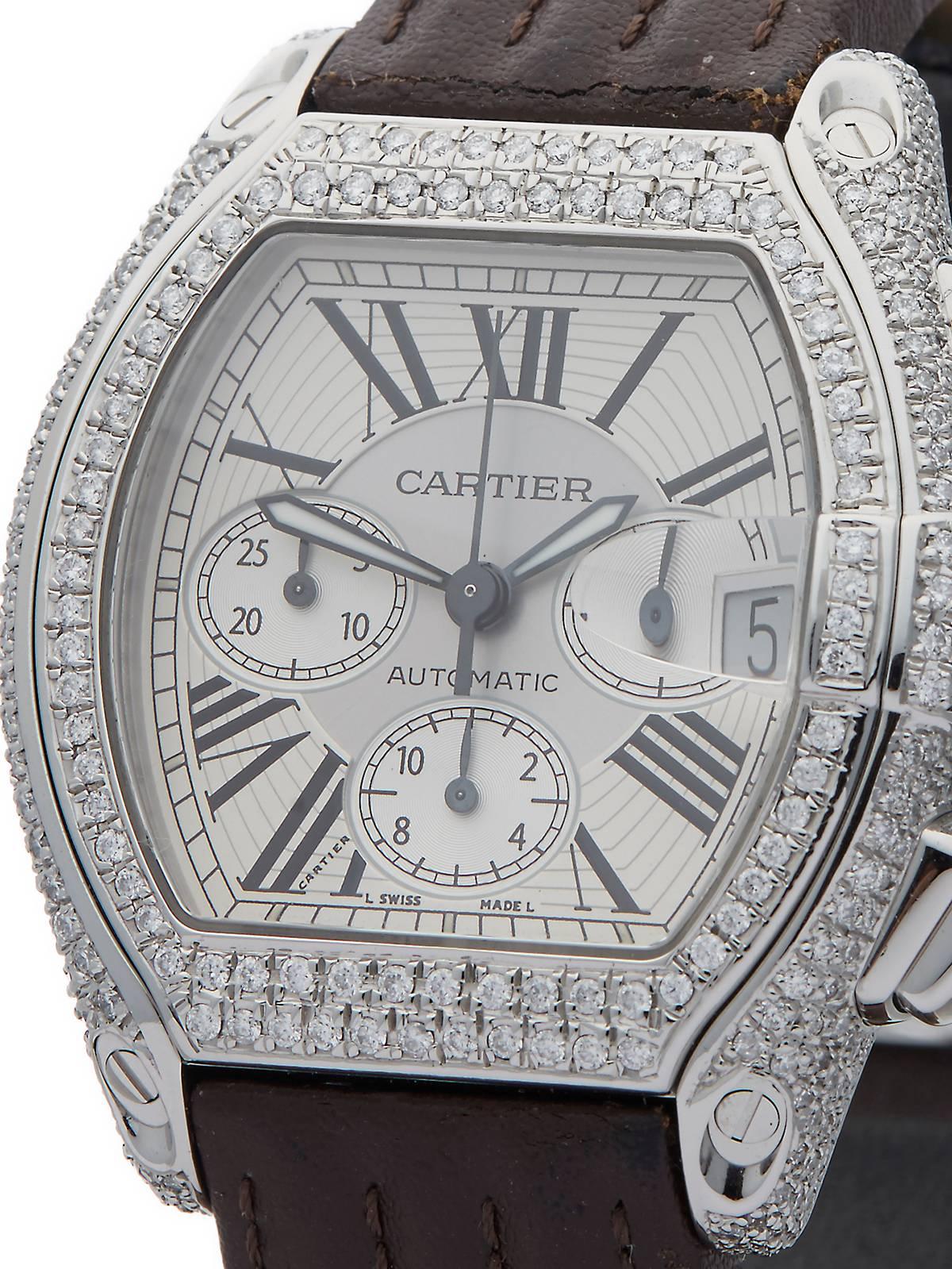  Cartier Stainless Steel Roadster Afterset Diamonds Automatic Wristwatch In Excellent Condition In Bishop's Stortford, Hertfordshire