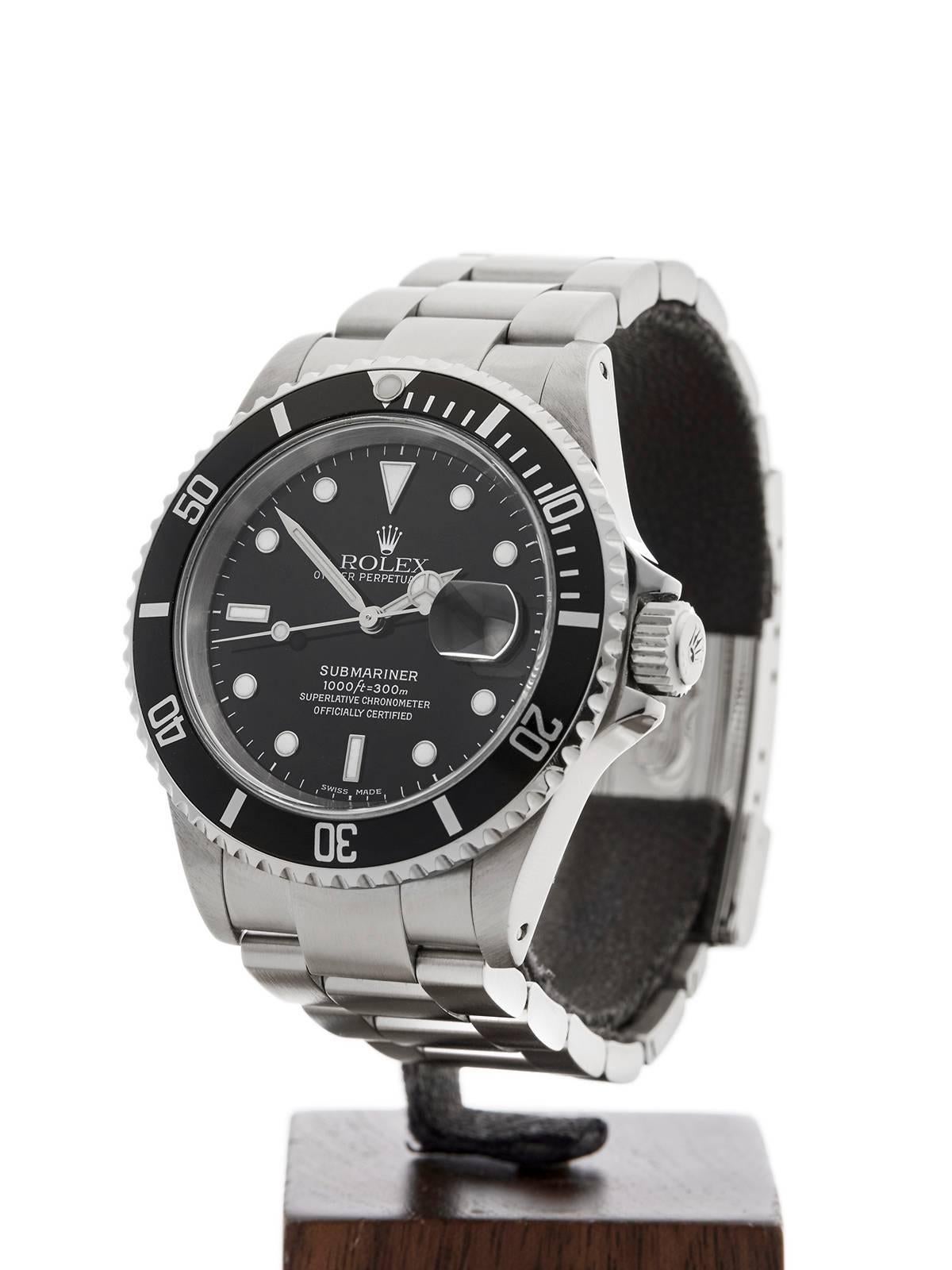 Rolex Stainless Steel Submariner Automatic Wristwatch Model 16610 In Excellent Condition In Bishop's Stortford, Hertfordshire