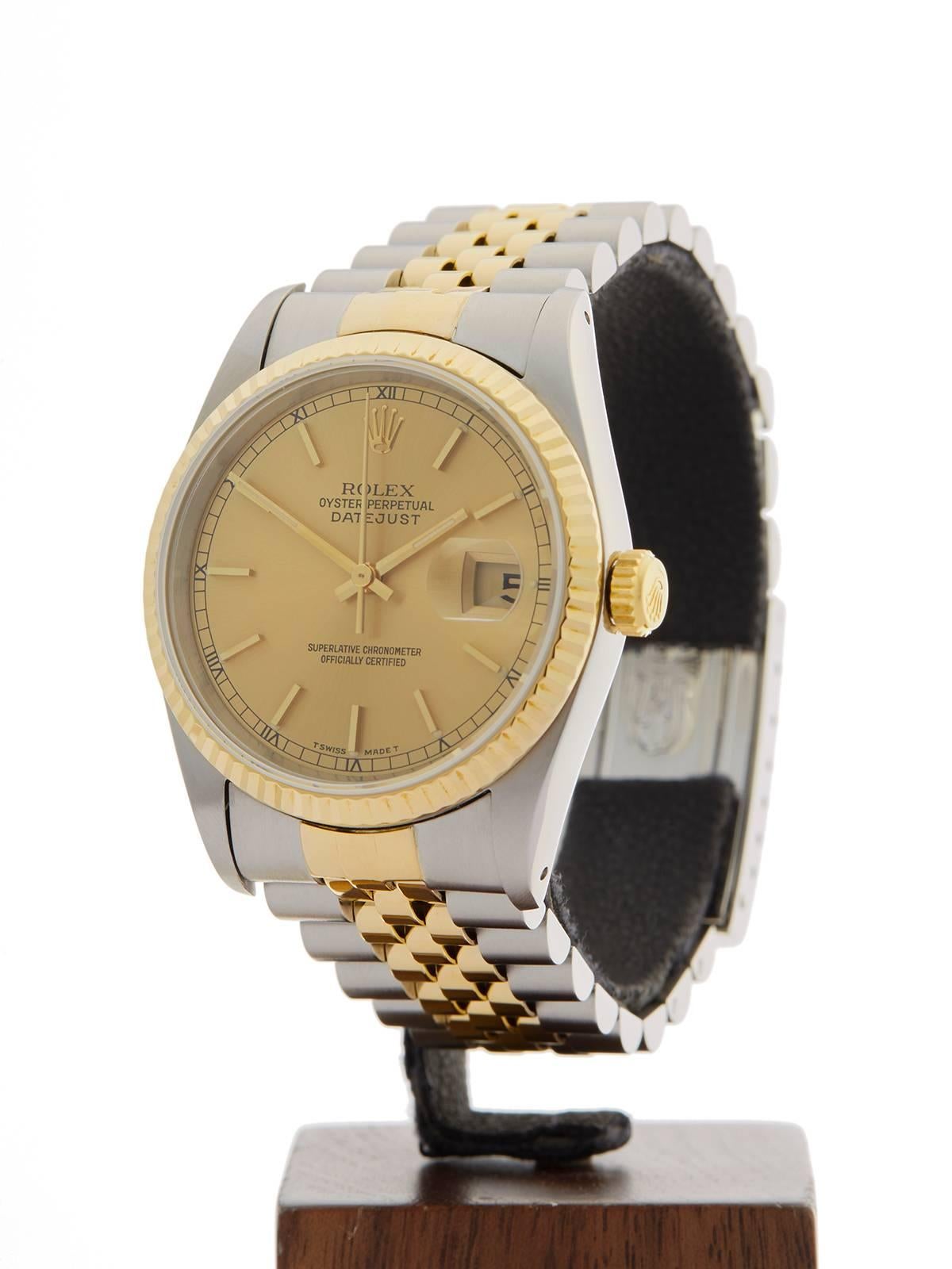 REF	W3587
MODEL NUMBER	16233
SERIAL NUMBER	S38****
CONDITION	9 - Excellent condition
GENDER	Unisex
AGE	10th June 1994
CASE DIAMETER	36 mm
CASE SIZE	36mm
BOX & PAPERS	Box, Manuals & Guarantee
MOVEMENT	Automatic
CASE	Stainless Steel/18k Yellow