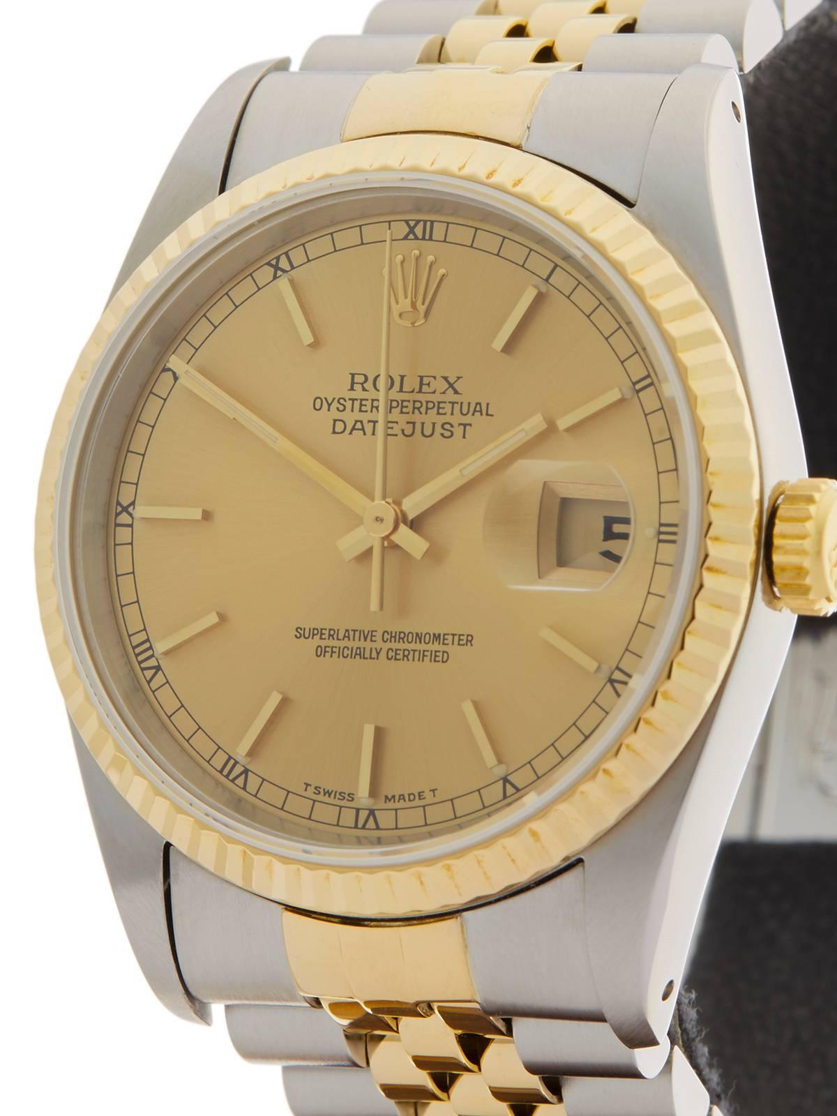 Women's or Men's Rolex Yellow Gold Stainless Steel Datejust Automatic Wristwatch Model 16233