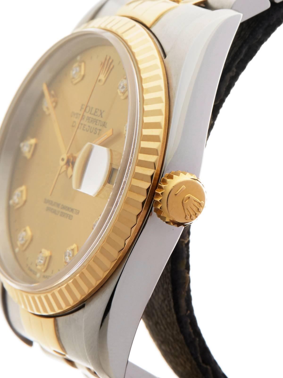 Rolex Yellow Gold Stainless Steel Datejust Diamond Dial Automatic Wristwatch In Excellent Condition In Bishop's Stortford, Hertfordshire