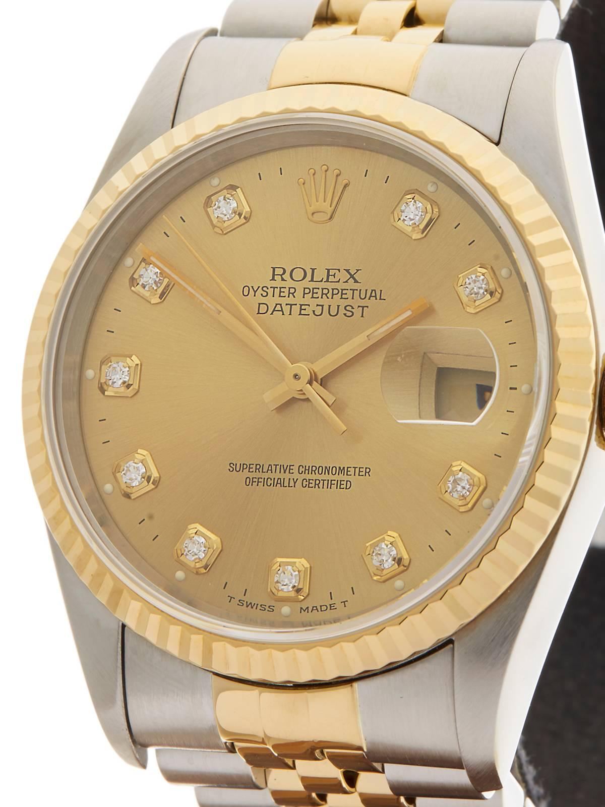 Women's or Men's Rolex Yellow Gold Stainless Steel Datejust Diamond Dial Automatic Wristwatch