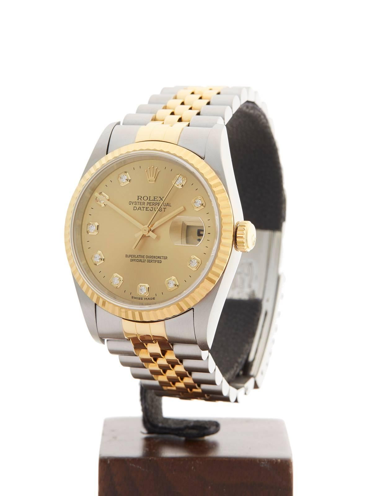 Ref: W3589
Model: 16233
Serial: T37****
Condition: 9 - Excellent condition
Age:	1st November 1998
Case Diameter: 36 mm
Case Size: 36mm
Box and Papers: Box, Manuals and Guarantee 
Movement: Automatic
Case: Stainless Steel/18k Yellow Gold
Dial: