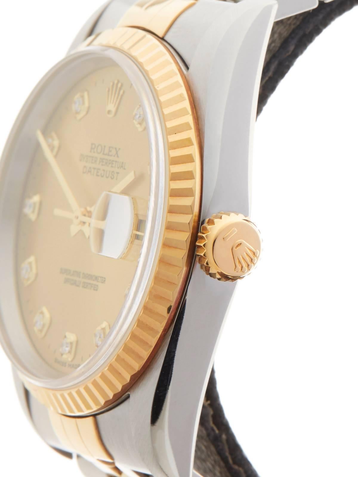 Women's or Men's Rolex Stainless Steel Yellow Gold Datejust Diamond Dial Automatic Wristwatch