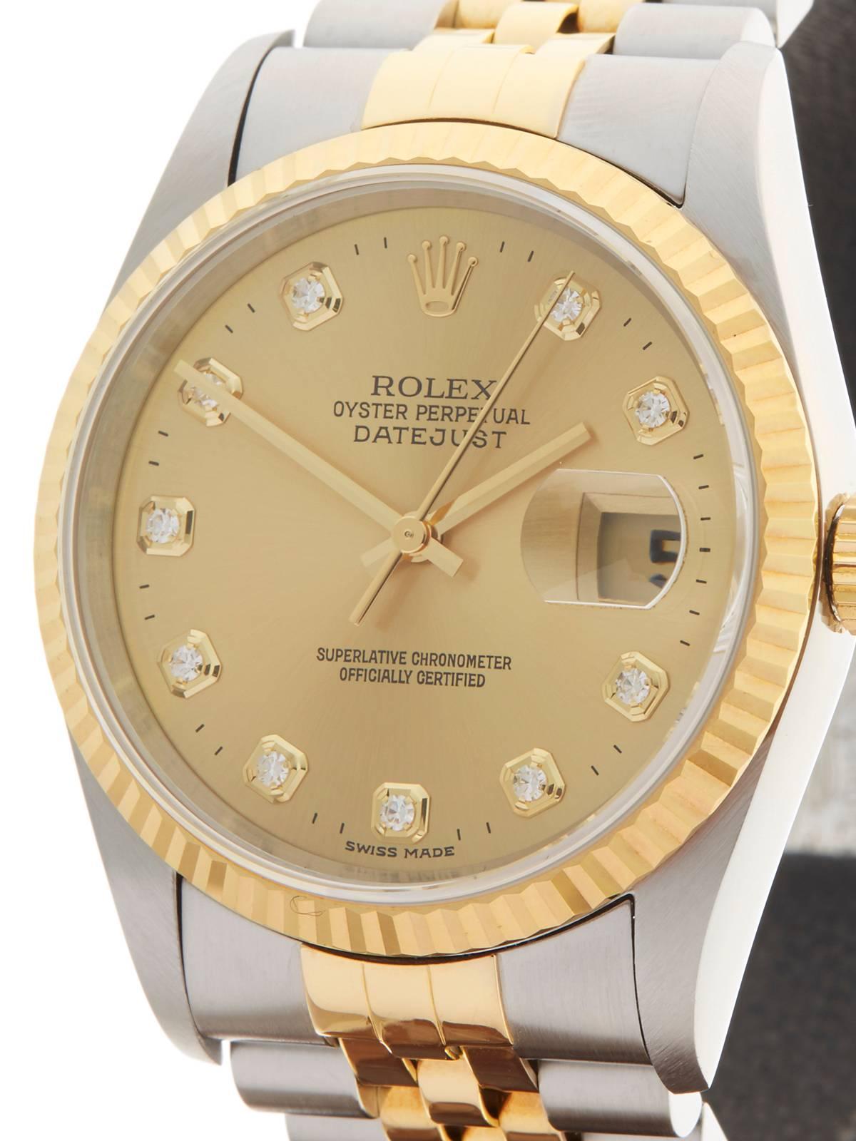 Rolex Stainless Steel Yellow Gold Datejust Diamond Dial Automatic Wristwatch In New Condition In Bishop's Stortford, Hertfordshire