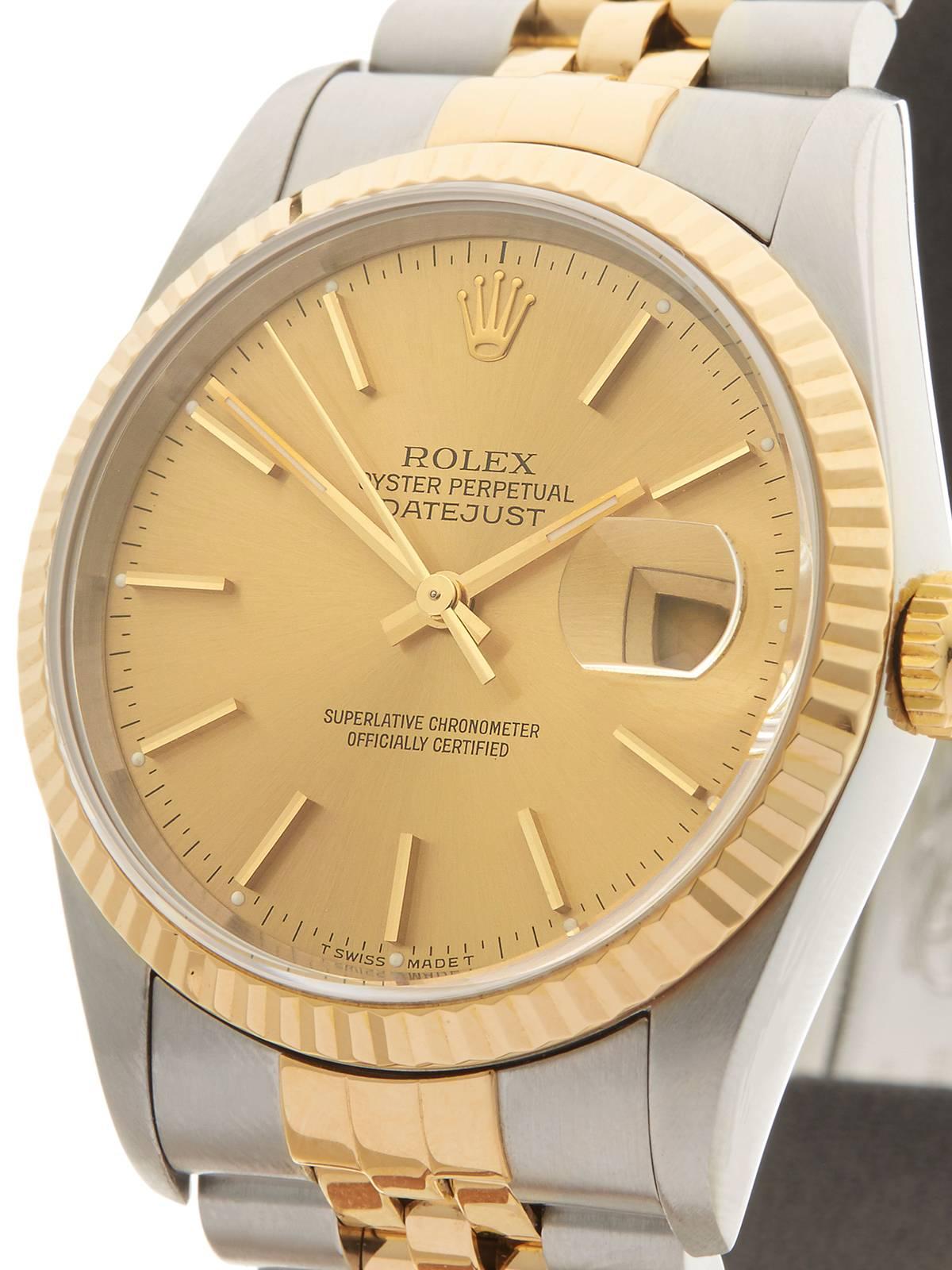 Rolex Datejust Stainless Steel/18 Karat Yellow Gold Unisex 16233, 1997 In Excellent Condition In Bishop's Stortford, Hertfordshire