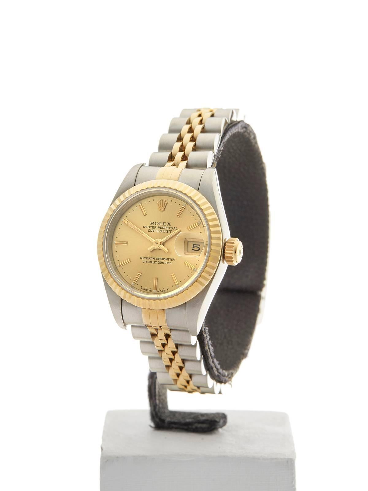 Ref:	W3593
Model: 69173
Serial: S51****
Condition: 9 - Excellent condition
Age: 21st April 1994
Case Diameter: 26 mm
Box and Papers; Box, Manuals and Guarantee 
Movement: Automatic
Case: Stainless Steel/18k Yellow Gold
Dial: Champagne