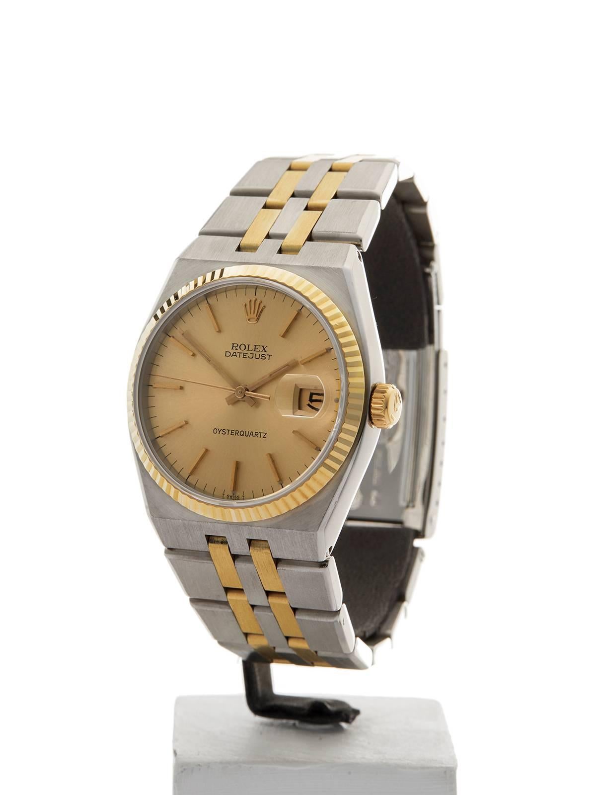 Ref: W3690
Model: 17013
Serial: 544****
Condition: 9 - Excellent condition
Age: 10th September 1969
Case Diameter: 36 mm
Case Size: 36mm
Box and Papers: Box Only
Movement: Quartz
Case: Stainless Steel/18k Yellow Gold
Dial: Champagne Baton
Bracelet: