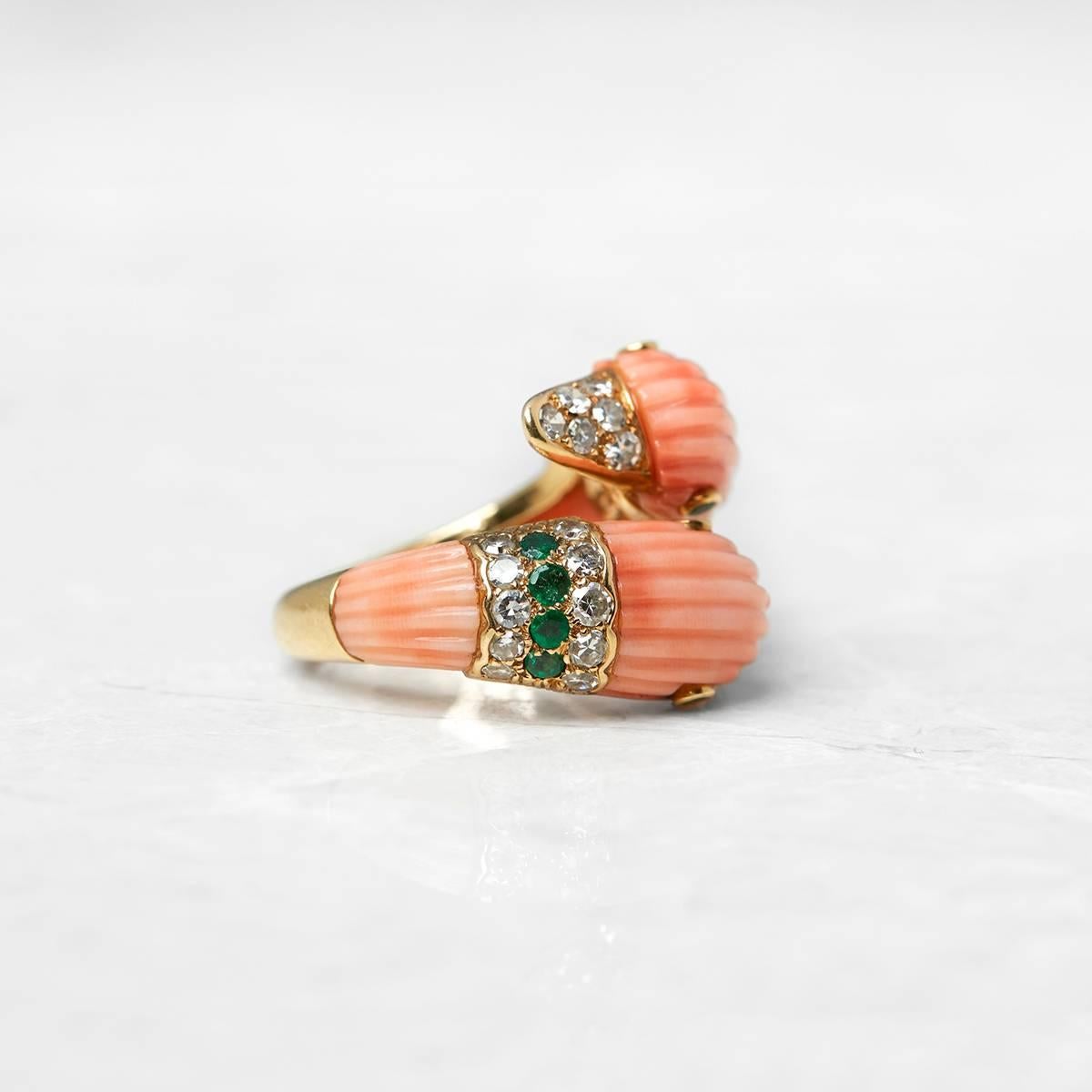 Van Cleef & Arpels Coral Diamond Emerald You and Me Gold Cocktail Ring In Good Condition In Bishop's Stortford, Hertfordshire