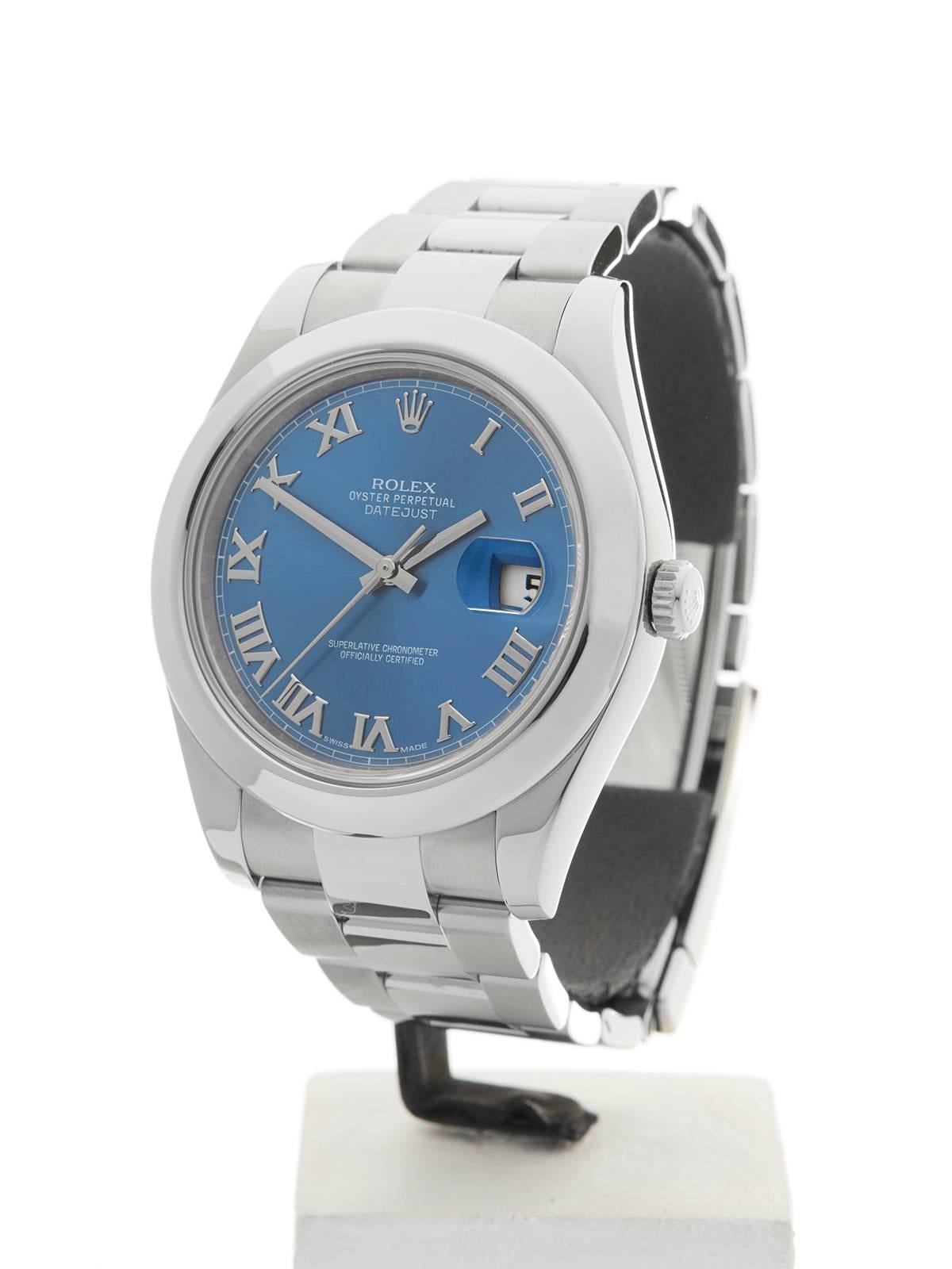 Ref:	W3721
Model: 116300
Serial: H95*****
Condition: 9 - Excellent condition
Age:	13th October 2013
Case Diameter: 41 mm
Case Size: 41mm
Box and Papers: Box, Manuals and Guarantee
Movement: Automatic
Case: Stainless Steel
Dial: Blue Roman
Bracelet: