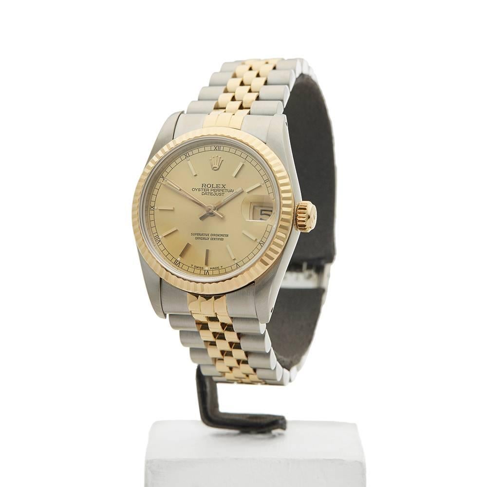Ref:	W4020
Model: 68273
Serial: R72****
Condition: 9 - Excellent Condition
Age: 1st January 1988
Case Diameter: 31 mm
Case Size: 31mm
Box and Papers:  Box and Guarantee
Movement: Automatic
Case: Stainless Steel and 18k Yellow Gold
Dial: Champagne