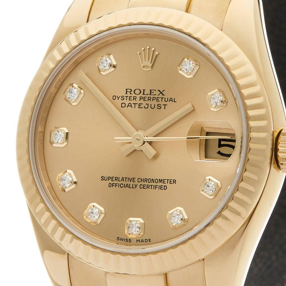 Ref:	W3879
Model Number: 178278
Serial Number: G42****
Condition: 9 - Excellent condition
Gender: Ladies
Age: 3rd May 2012
Case Diameter: 31 mm
Case Size: 31mm
Box & Papers: Box, Manuals & Guarantee
Movement: Automatic
Case: 18k Yellow