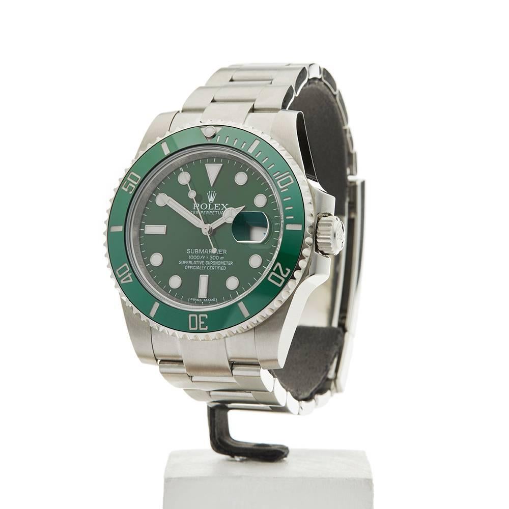 Ref: W3950
Model:  116610LV
Serial: 616*****
Condition: 9 - Excellent Condition
Age:	8th August 2015
Case Diameter: 40 mm
Case Size: 40mm
Box and Papers: Box, Manuals and Guarantee
Movement: Automatic
Case: Stainless Steel
Dial: Green
Bracelet: