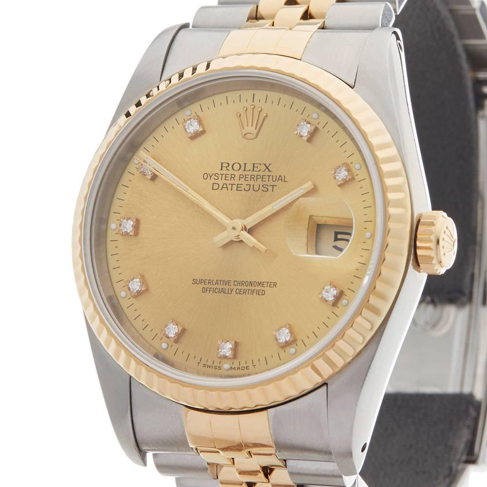 Rolex Yellow Gold Stainless Steel Datejust Automatic Wristwatch Ref 16233, 1991 In Excellent Condition In Bishop's Stortford, Hertfordshire