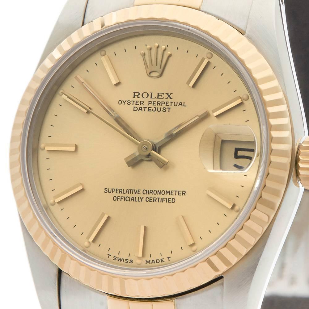 Rolex Ladies Yellow Gold Stainless Steel Datejust Automatic Wristwatch, 1989 In Excellent Condition In Bishop's Stortford, Hertfordshire