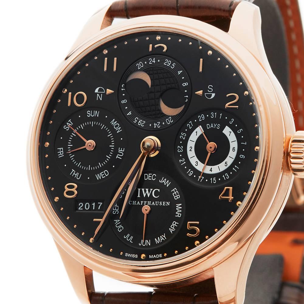 IWC Rose Gold Portuguese Perpetual Calendar Automatic Wristwatch, 2008 In Excellent Condition In Bishop's Stortford, Hertfordshire