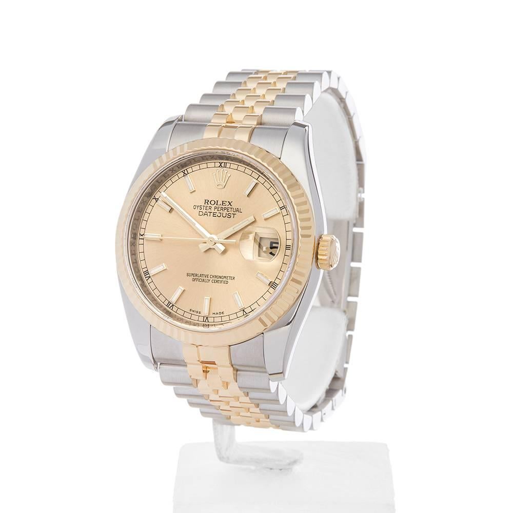 Ref: W4437
Model Number: 116233
Serial Number: M27****
Condition: 9 - Excellent Condition
Gender: Gents
Age: 21st April 2008
Case Size: 36mm
Box and Papers: Box & Guarantee
Movement: Automatic
Case: Stainless Steel & 18k Yellow Gold
Dial: