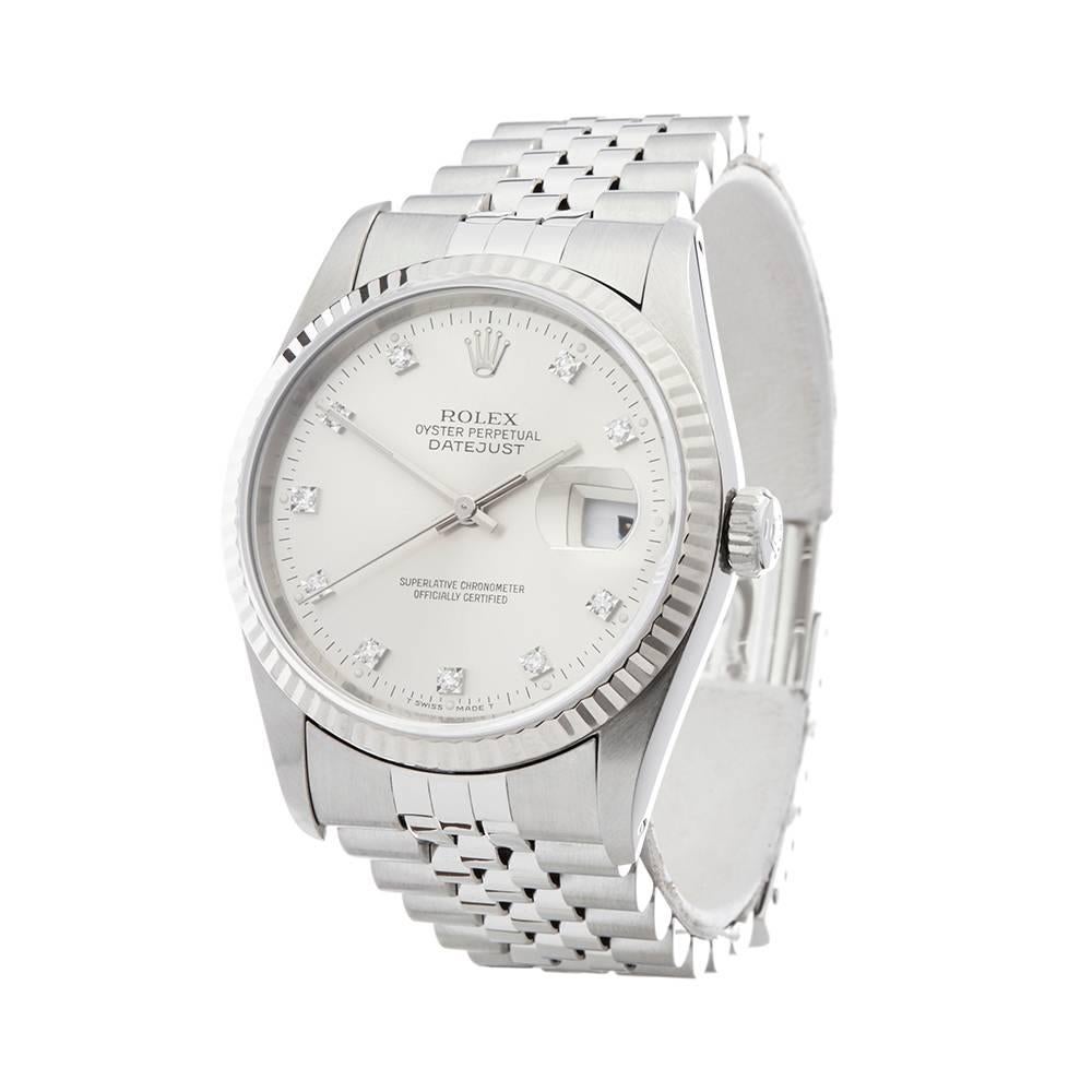 Ref: W4481
Model Number: 16234
Serial Number: X50****
Condition: 9 - Excellent Condition
Gender: Gents
Age: 1991
Case Size: 36mm
Box and Papers: Box Only
Movement: Automatic
Case: Stainless steel and 18k white gold
Dial: Silver and Diamond
