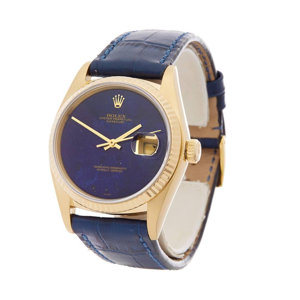 Ref: W4483
Model Number: 16018
Serial Number: 641****
Condition: 9 - Excellent Condition
Gender: Gents
Age: 1979
Case Size: 36mm
Box and Papers: Box Only
Movement: Automatic
Case: 18k Yellow Gold
Dial: Blue
Bracelet: Blue Alligator Leather
Strap
