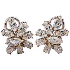 1950s Diamond Platinum Cluster Earrings
