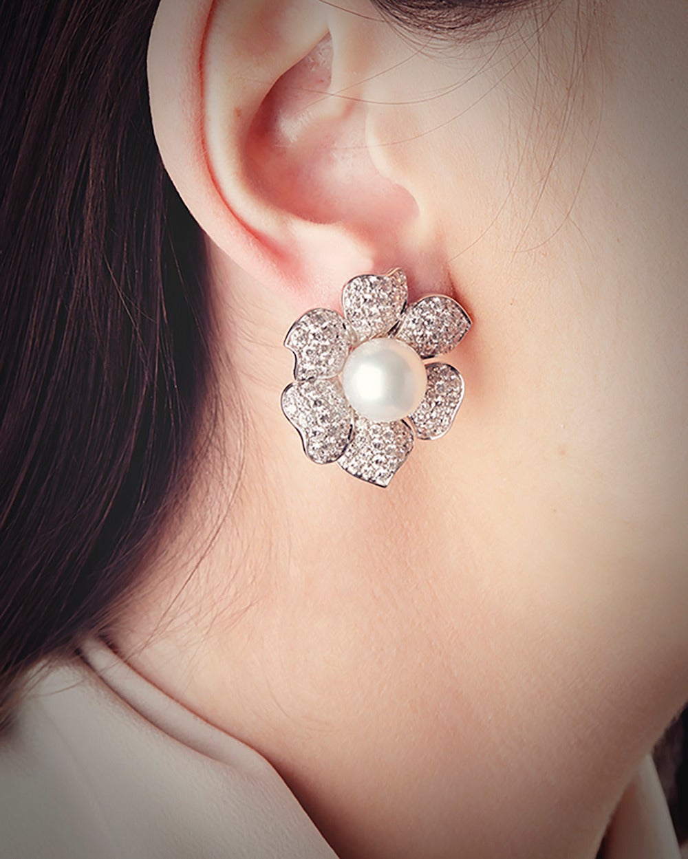 Picchiotti South Sea Pearl Diamond Gold Flower Earrings 2
