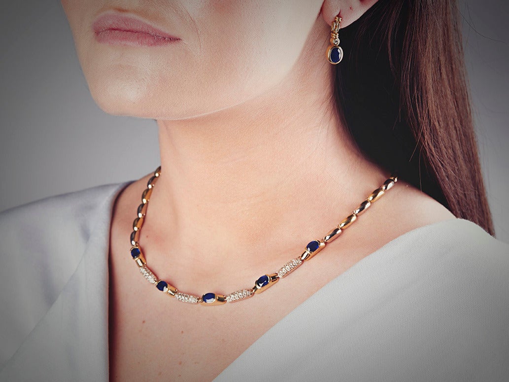 Sapphire Diamond Two Color Gold Necklace Earrings and Bracelet Suite 6
