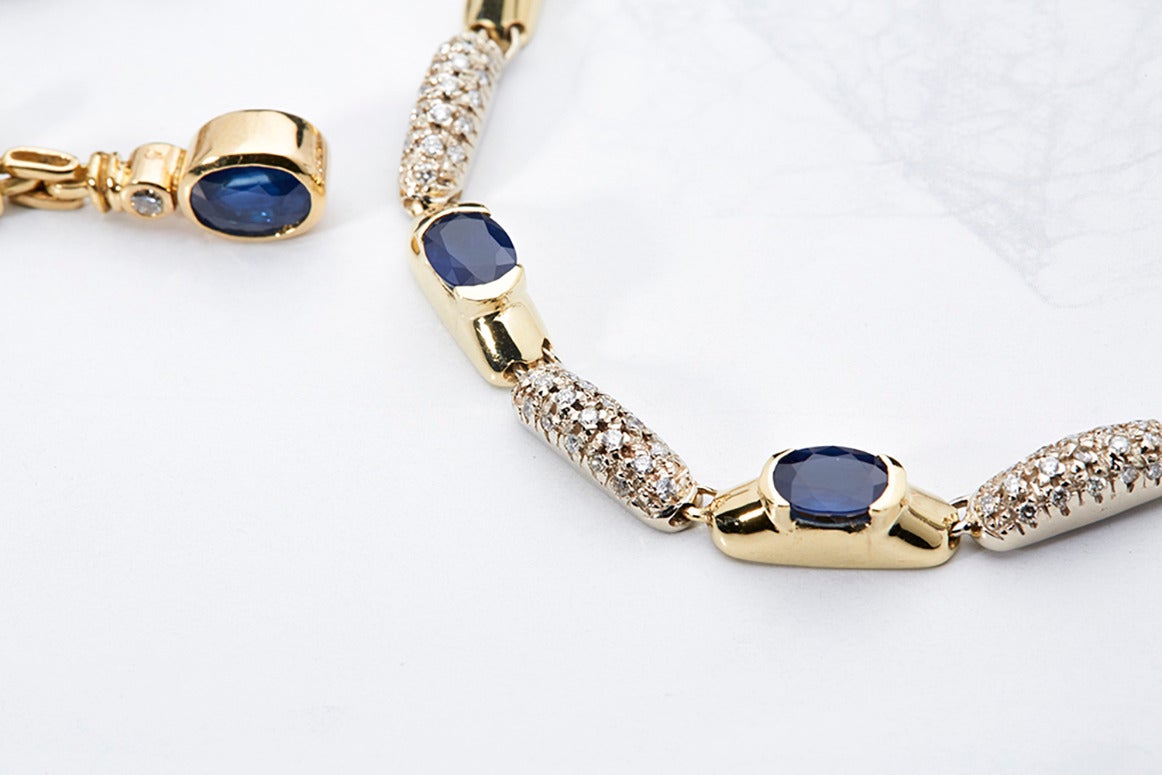 Sapphire Diamond Two Color Gold Necklace Earrings and Bracelet Suite 3