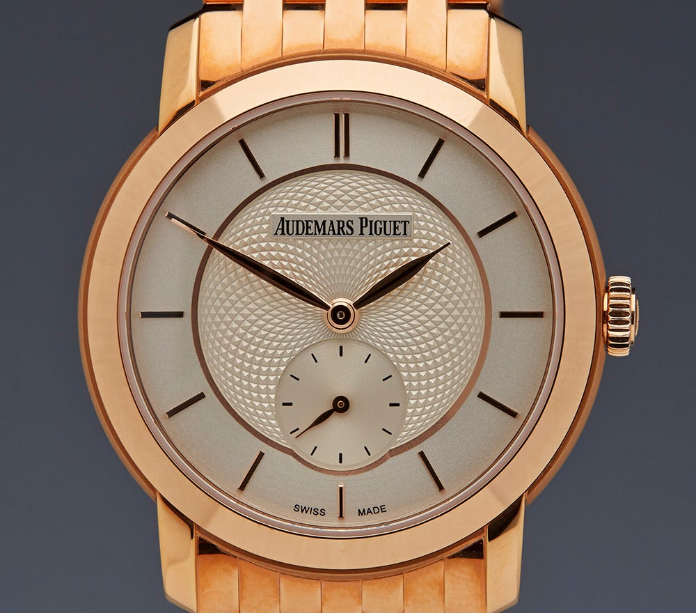 Specifications

Movement: Automatic
Case: 18k Rose Gold
Case Diameter: 33mm
Dial: Silvered guilloche with sub seconds dial
Bracelet: 18k Rose Gold
Strap Length: Adjustable up to 20cm
Strap Width: At Case - 18mm. At Buckle - 16mm
Buckle: 18k