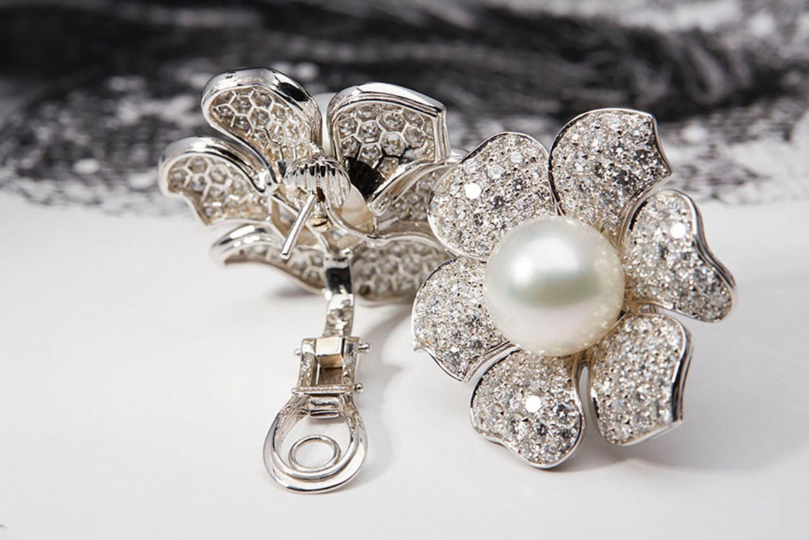 Picchiotti South Sea Pearl Diamond Gold Flower Earrings 1