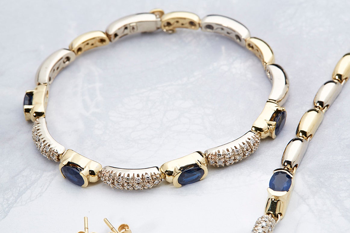 Sapphire Diamond Two Color Gold Necklace Earrings and Bracelet Suite 1