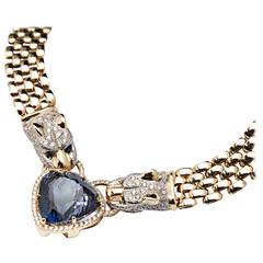Italian GIA Cert Tanzanite Sapphire Diamond Gold Panther Necklace