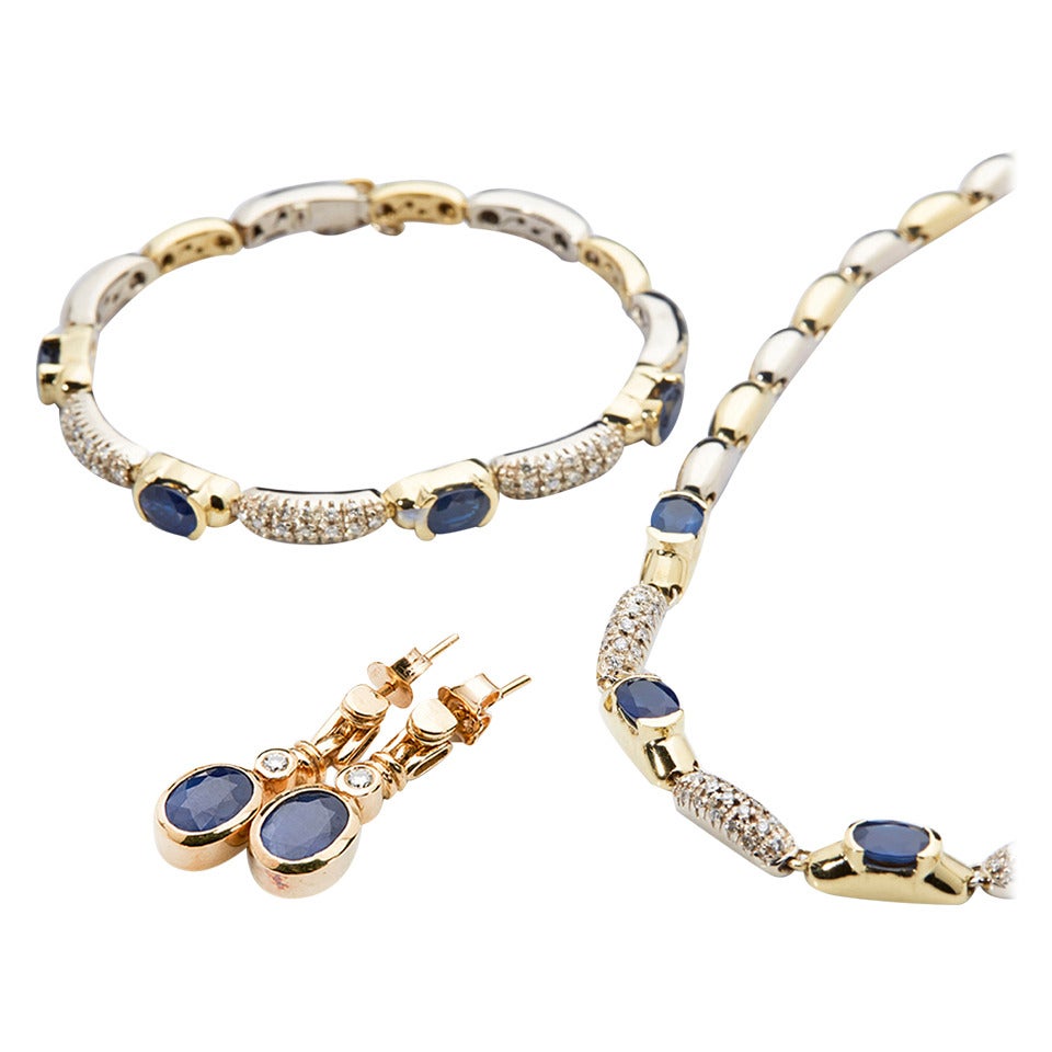 Sapphire Diamond Two Color Gold Necklace Earrings and Bracelet Suite