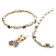 Sapphire Diamond Two Color Gold Necklace Earrings and Bracelet Suite