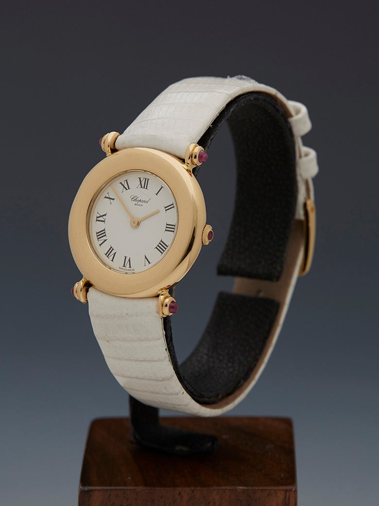 Specifications

Movement: Quartz
Case: 18k Yellow Gold 
Case Diameter: 26mm 
Dial: White
Bracelet: White Lizard Leather
Strap Length: Adjustable up to 18cm 
Strap Width: At Case - 16mm/At Buckle - 14mm 
Buckle: 18k Yellow Gold Tang 
Glass: